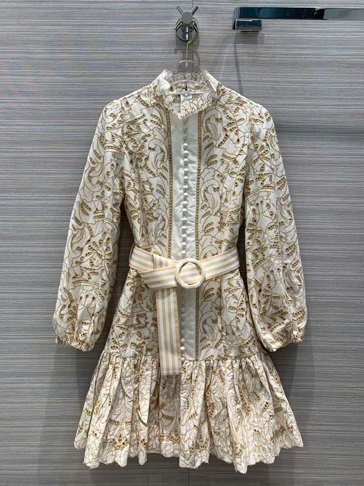 

2020 Early Spring Women's New Fashion Elegant Ladies Belted Hollow Flower Embroidery Dress Size S M L