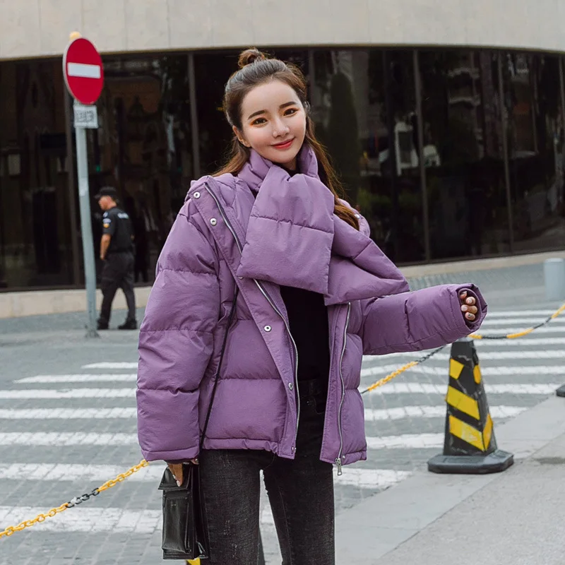 

Cotton-padded Jacket 2018 Winter New Style Female Purple Short Scarf INS Super Fire Cotton Coat Korean-style Loose-Fit down Coat