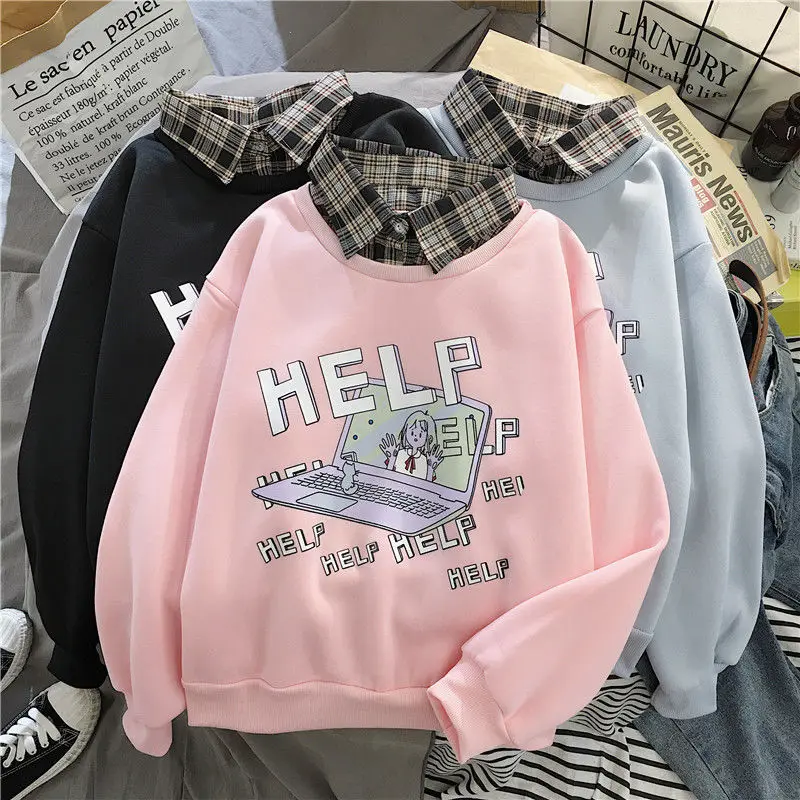 

Casual Women Hoody Sweatshirt Printing Harajuku Bear And Chicken Long Sleeve Fake Two Pieces Female Pullover