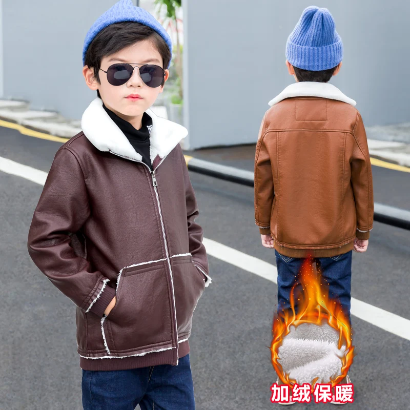 Детская куртка из искусственной кожи; сезон осень-зима; кожаная куртка с мехом для мальчиков; весенняя куртка; детская однотонная Повседневная теплая верхняя одежда для От 3 до 14 лет