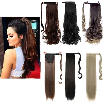 

DIANQI Resistente Ao Calor Ondulado Longo Sintético Rabo de Cavalo Com Cordão Extensões de Cabelo Falso Marrom Preto