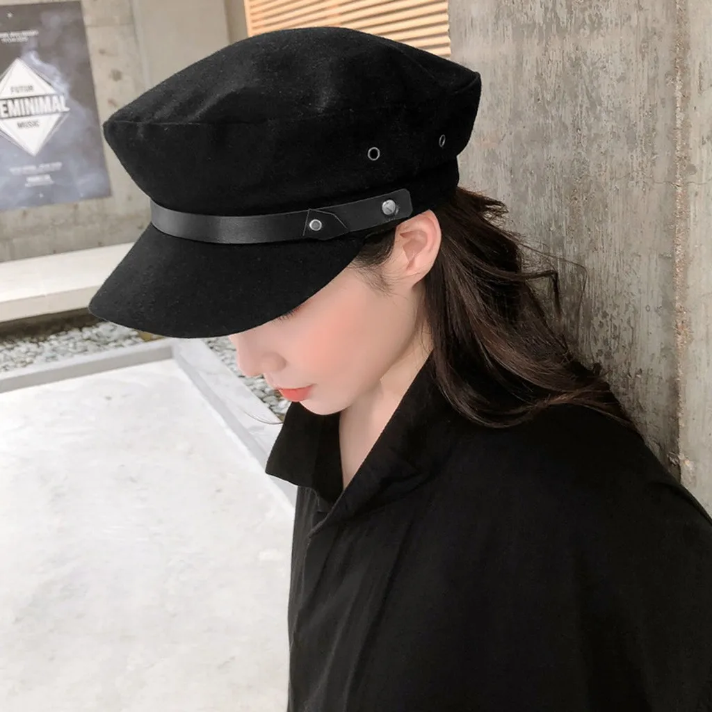 Модная женская меховая военная шляпа осенние шляпы матроса женская черная серая хаки Плоская верхняя дорожная Кадетская шляпа капитан темно-синий восьмиугольная шляпа - Цвет: Black