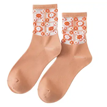 

Women Daisy Floral Patchwork Ankle Socks Transparent Mesh Jacquard Tube Hosiery D08E