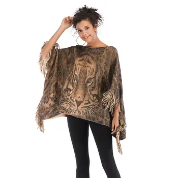 

Women Winter Vintage Casual Fringed Cape Shawl Collar Knit Tiger Printed Tassels Pullover Loose Tops