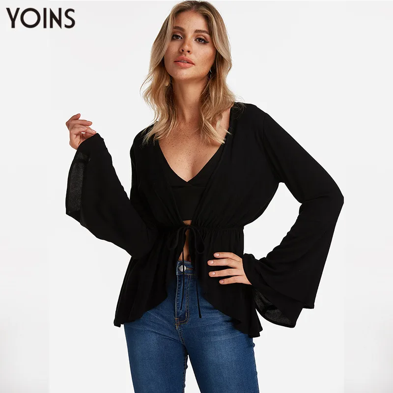 YONIS 2019 весна осень зима женские свитера черные с завязками