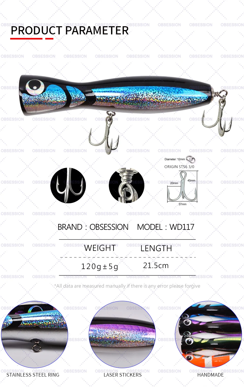 OBSESSION 120g Big Topwater Wooden Popper GT Surface Popping Lure Deepsea  Boat Fishing With Origin Treble Hook Artificial Leurre