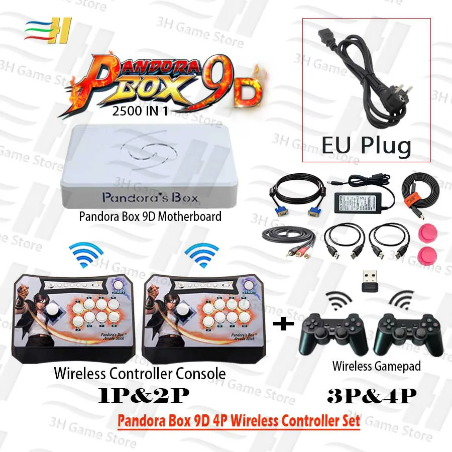 4P KOF wireless EU Pandora Box 9D 2500 В 1 беспроводной 4P контроллер Набор беспроводной аркадный контроллер консоль и беспроводной геймпад набор 3D игры tekken - Цвет: 4P KOF wireless EU