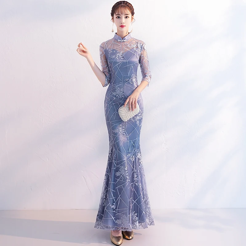 

Retro Sexy Slim Lace Evening Party Chinese Style Women Qipao Mermaid Dress Elegant Grey Mandarin Collar Cheongsam Robe De Soiree