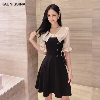 

KAUNISSINA Elegant Cocktail Dress Short Sleeve Korea Party Prom Dress Turn Down Collar Homecoming Dress Ladies Vestidos