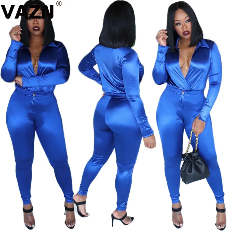 VAZN MOY5136 Bright Rose Red Solid Bodycon Long Pants Sexy Women Jumpsuits Tide V- Neck Long Sleeve Tracksuits Long Romper