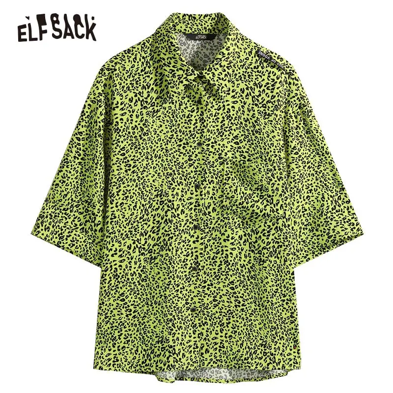 ELFSACK, сексуальные леопардовые женские рубашки, осень, новые модные неоновые желтые женские блузки, уличная одежда, винтажные повседневные женские топы - Цвет: Neon Yellow