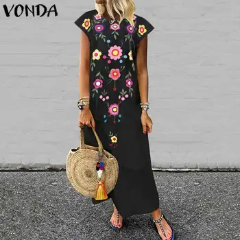 

VONDA Beach Floral Printed Dress Women Sexy Sleeveless Vintage Party Maxi Long Dress Plus Size Bohemian Sundress Summer Vestido