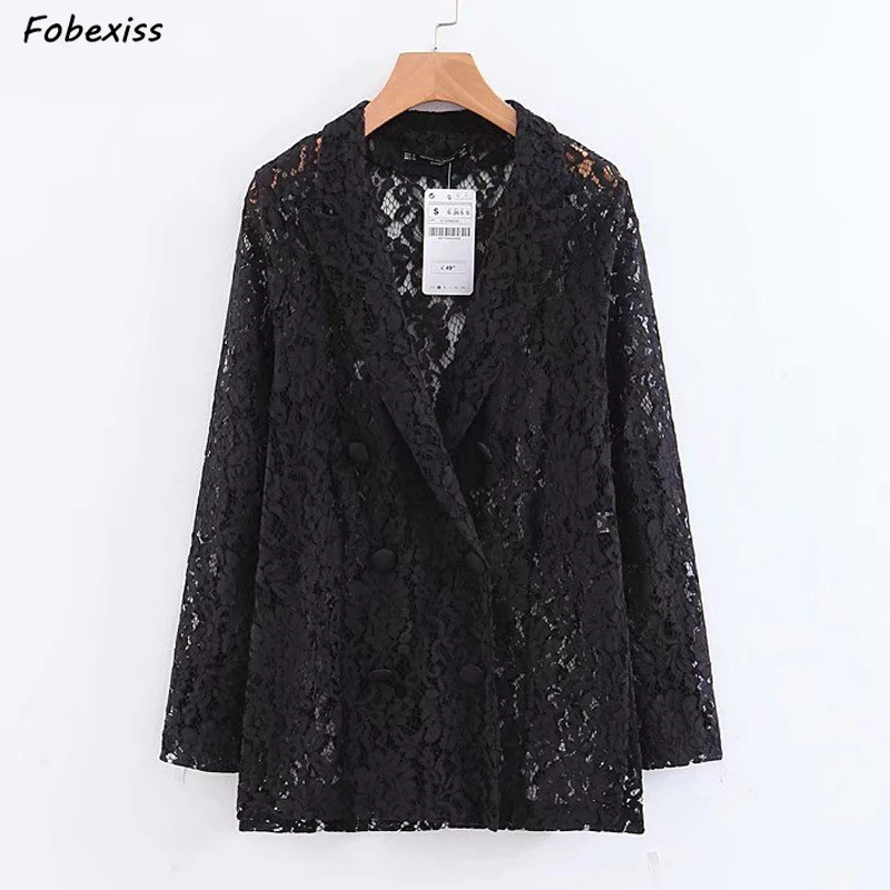 

Women Black Lace Blazer Double Breasted Long Sleeve Notched Collar Jacket Coat Female Outwear Transparent Top Office Lady Blazer