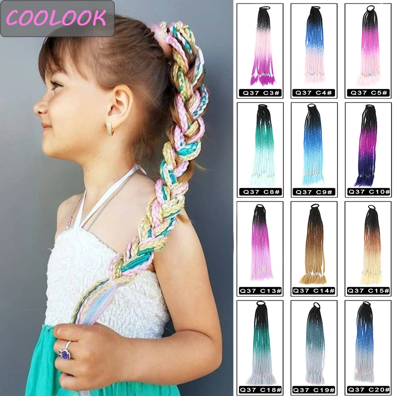 Coleta de pelo de arcoíris con cuerda, anillo de goma, coleta sintética, extensiones de cabello, Kanekalon rosa