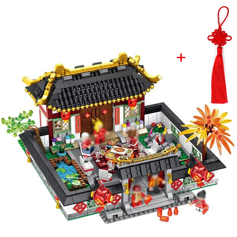 

2019 Chinese style Spring Festival Building Block New Year's Eve Family Dinner Dragon dance compatible legoING Toy children gift
