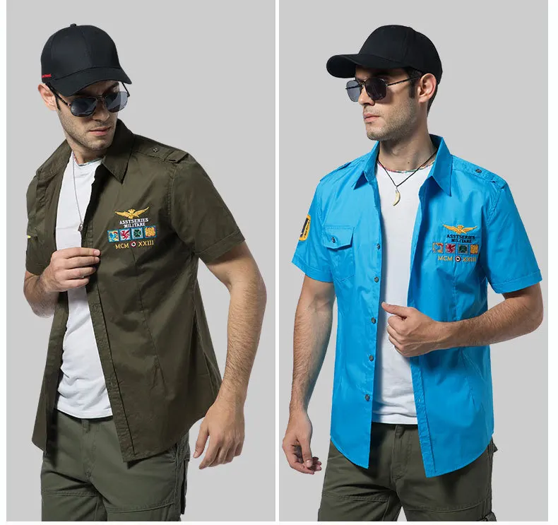 Новые военные мужские рубашки с коротким рукавом 4XL мужские рубашки с вышивкой из хлопка с воздушной силой Polit Повседневная рубашка мужская брендовая одежда рубашка AE18006
