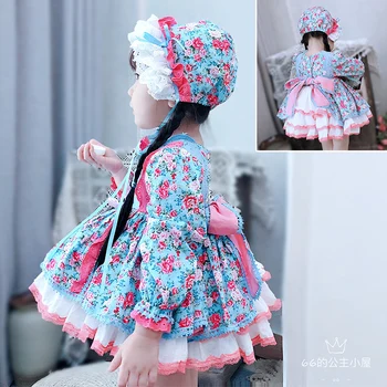 

1-5Y Spanish Lolita Party Dress for Baby Girl Princess Long Sleeve Flower Bow Birthday Dresses for Kids Clothes Free Headband