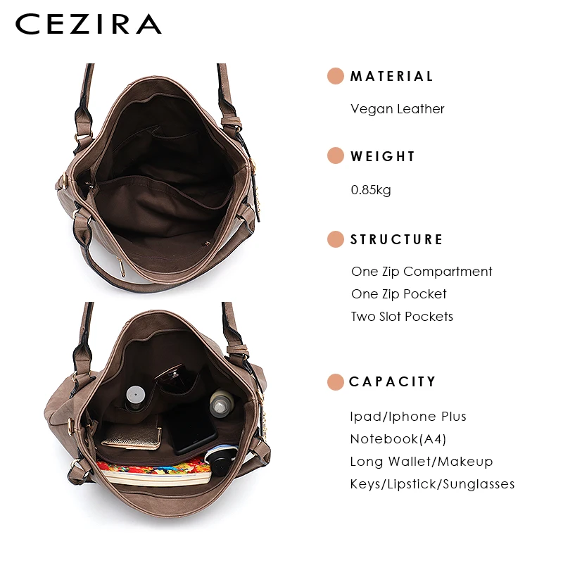 CEZIRA, большая женская модная сумка-тоут, женская большая сумка из Веганской кожи, высокое качество, искусственная кожа, сумка с заклепками, Женская Повседневная сумка через плечо