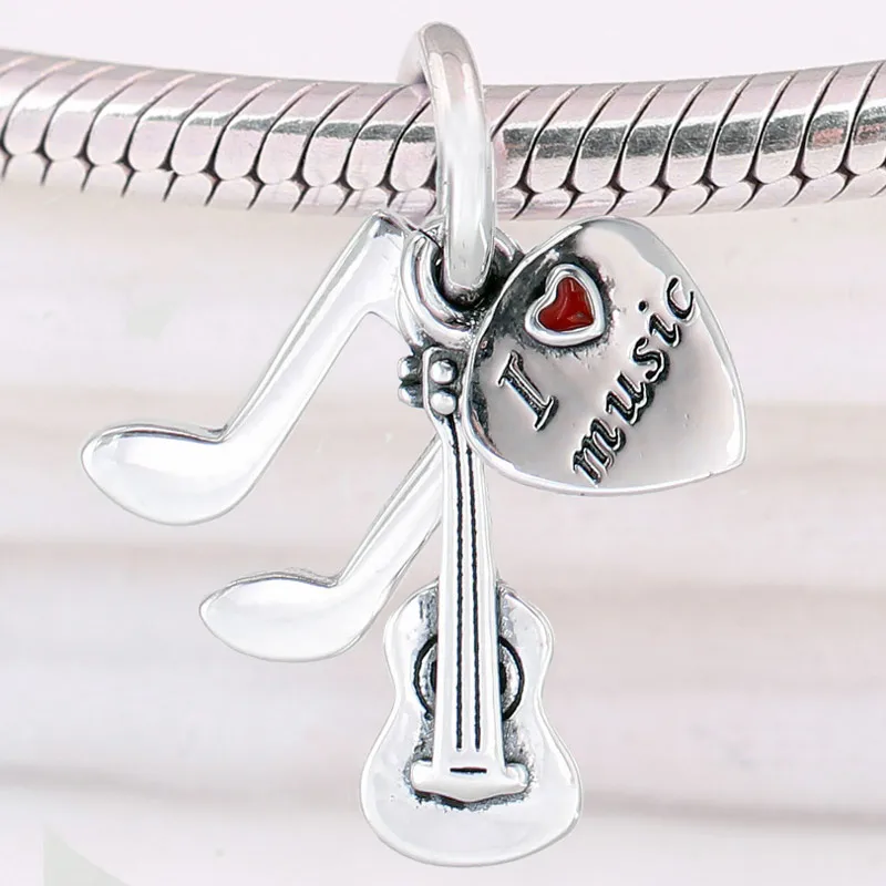 

New 925 Sterling Silver Charm Red Enamel Love Heart Music Trinity Pendant Bead Fit Original Bracelet Necklace DIY Jewelry