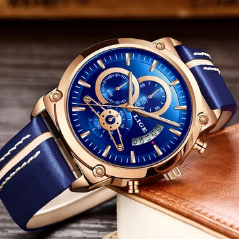 

LIGE New Men's Watch Chronograph Analog Quartz Watch Date Creative Dial Blue Leather Strap Waterproof Wrists Watch Reloj Hombre