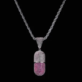 

A pill that can be opened Necklace Hip Hop Full Iced Out Cubic Zirconia gold sliver CZ Stone