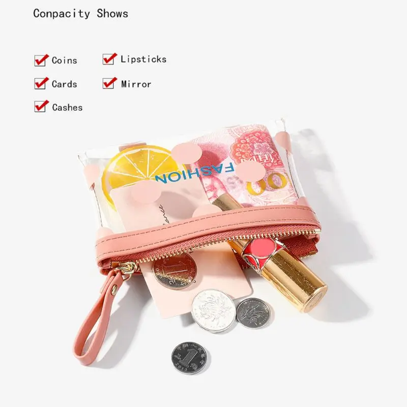 Women Transparent Cute Wallet PVC Coin Bag Case Girls Dotted Small Zipper Purse