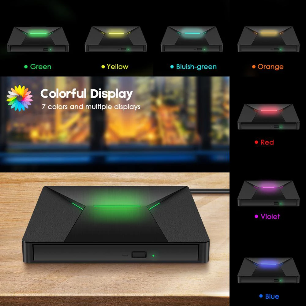 Quemador KuWfi USB 30 tipo C portátil de alta velocidad de DVD +/RW con luz colorida reproductor de