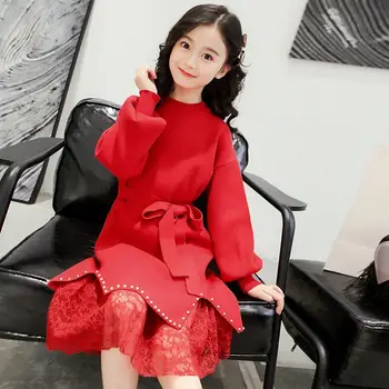 

Teenage Kids Christmas Sweaters for Girls Clothes Winter Lace Girls Knitwear Pullover Long Princess Sweater Dress 10 12 13 Years