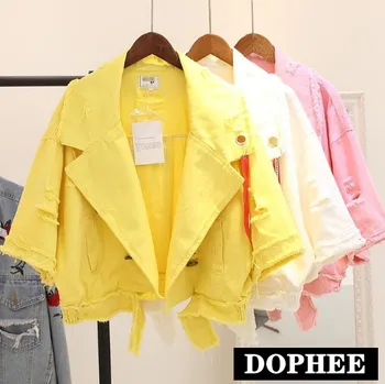 

New Spring Women Pure Color Bat Sleeve Short Jeans Jacket with Ribbons Female Students Candy Color Denim Jacket Casual Outwear