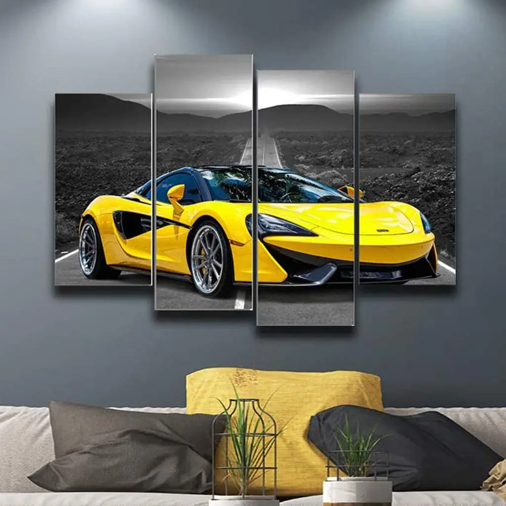 

No Framed 4 Pieces Yellow Luxury Sports Race Car Wall Art Canvas Posters Pictures Paintings Home Decor Living Room Decorations