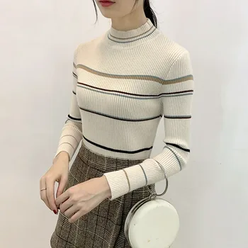 

Female Casual Striped Sweaters Autumn Pullovers Knitted Tops Women Turtleneck Sweaters