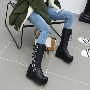 

2020 Winter Gothic Punk Womens Platform Boots Black Buckle Strap Lace Up Creeper Wedges Shoes Mid Calf Military Combat Boots