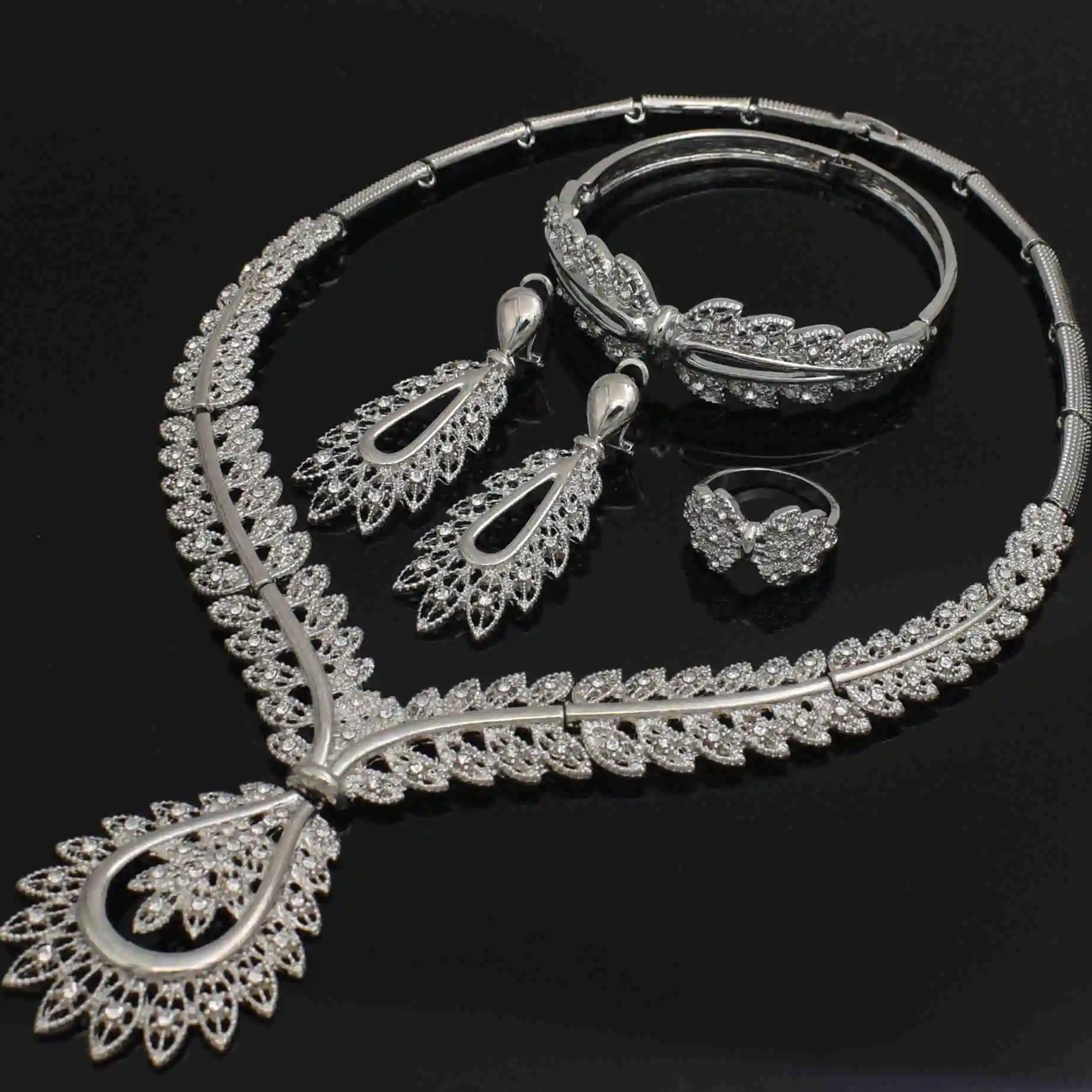Nigerian jewelry set for women african beads silver/gold bridal crystal jewelry sets Wholesale for wedding necklace jewellery - Metal color: silver