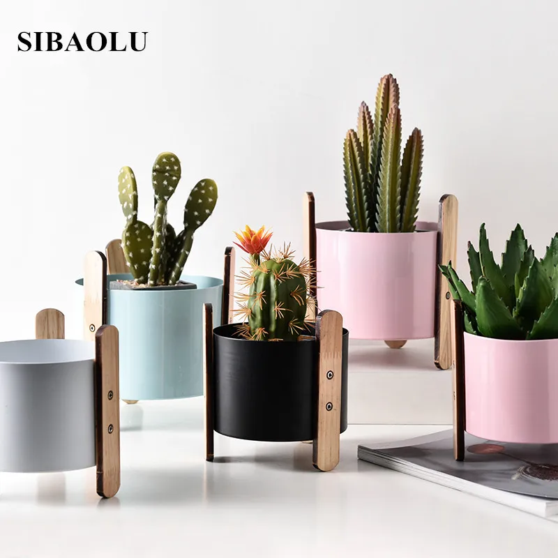 

Creative Iron Flowerpot Personality Macaroon Color Flower Vase Simulation Plant Pot Nordic Wrought Iron Wood Frame Flower Pot