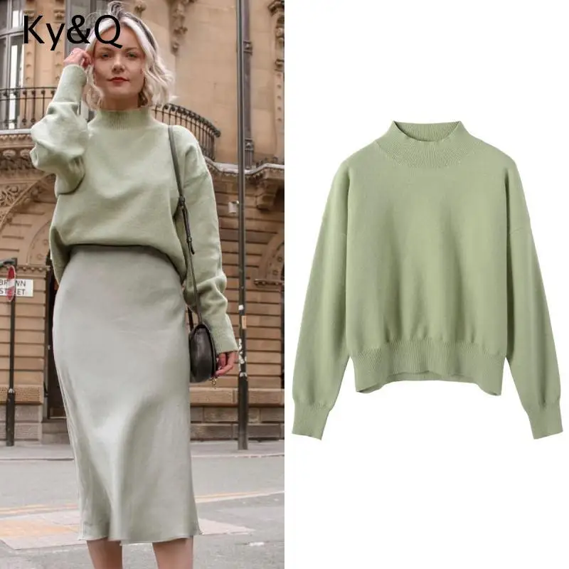 

2019 Fashion New arrival Avocado Green Half Turtleneck Pullover temperament Joker Women's Sweater