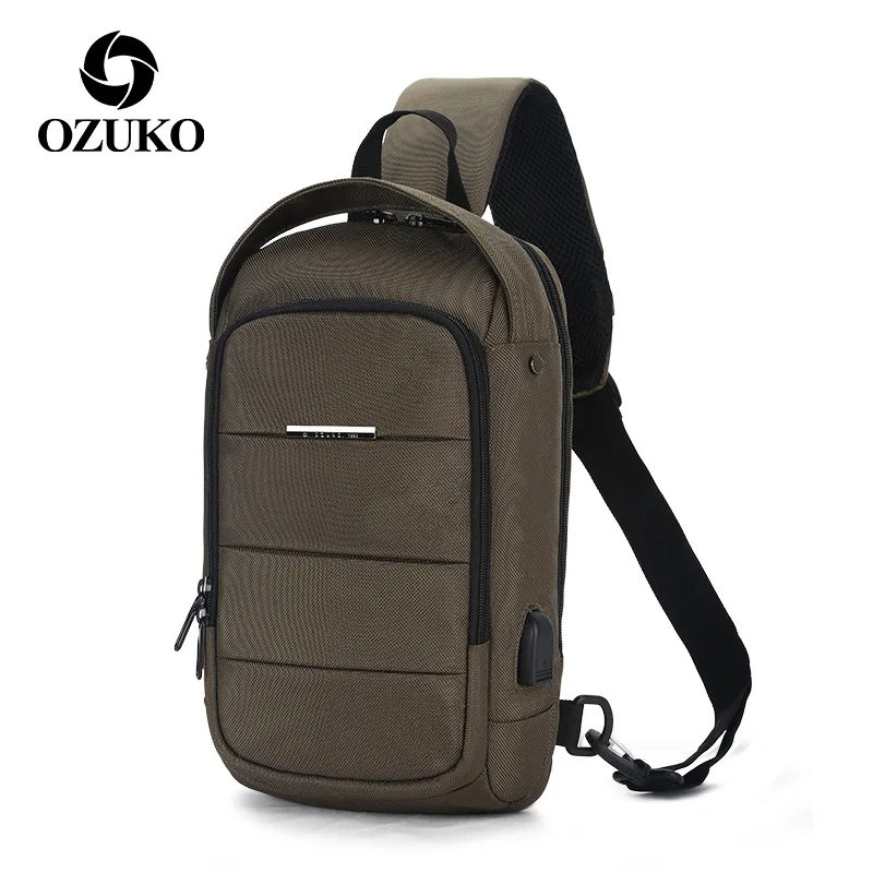 Army Green OZUKO, водонепроницаемые сумки через плечо, Мужская нагрудная сумка, мужская сумка на плечо, большая емкость, Оксфорд, нагрудные сумки, зарядка через usb, сумки для мужчин - Цвет: Army Green