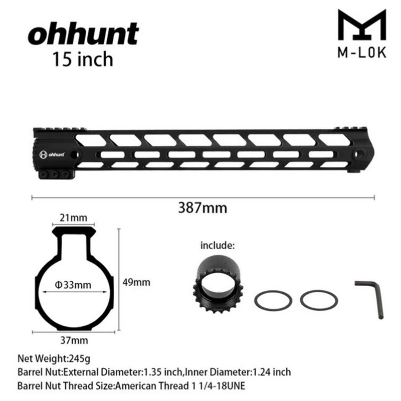 Ohhunt " 9" 1" 12" 13," 15" AR15 свободный поплавок M-LOK ствольная накладка Пикатинни рельс ультра легкий тонкий стиль стальная муфта ствола - Цвет: 15 inch black