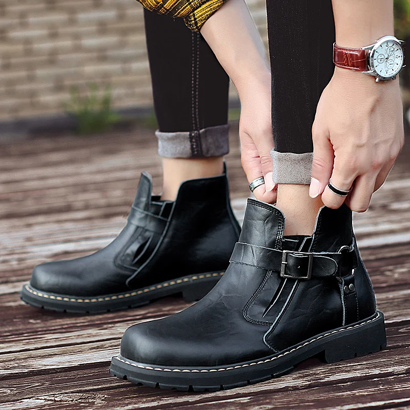 Большие размеры 38-46, ботинки «Челси» Мужская зимняя обувь черные ботинки из спилка мужская обувь теплые плюшевые зимние ботинки на меху для мужчин