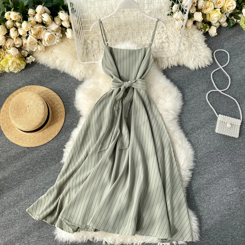 2020 Vintage Slim sexy striped Print bandage Dress summer midi spaghetti strap dress Party Women beach a-line vestido de festa