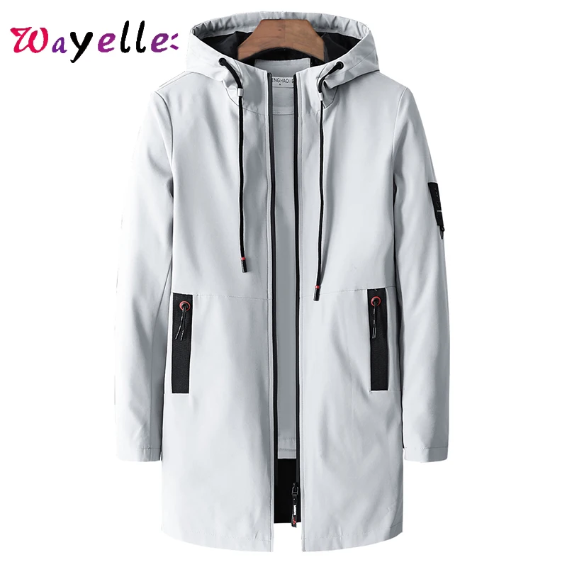 

2019 Fall Mens Trench Coat Jacket Casual Hooded Solid Elastic Windbreaker Pocket Long Coats Zippers Korean Trench Jackets Men