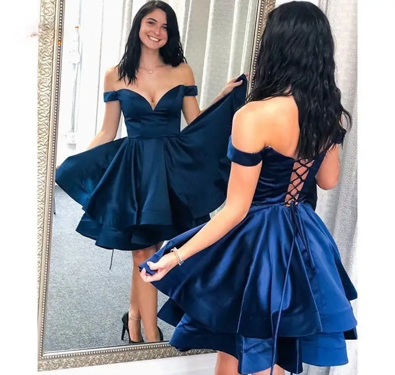 Navy Blue Homecoming Dresses A Line Off the Shoulder Tiers Real Photos Short Lady Party Dress Custom Sweet 16 Graduation Dress Lace-up Back