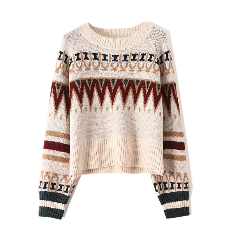 Women Loose Crop Sweater 2020 New O-neck Geometric Jacquard Knit Sweater Full Loose Women Sweaters and Pullovers Knitting Tops