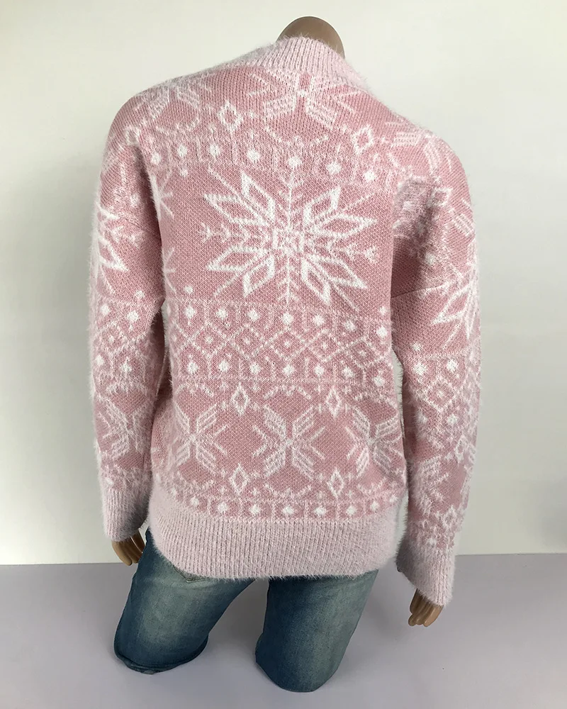 Женский Рождественский пуловер с принтом снежинки свитера осень зима пуловер с круглым вырезом женский длинный рукав вязаный Повседневный свитер Топы