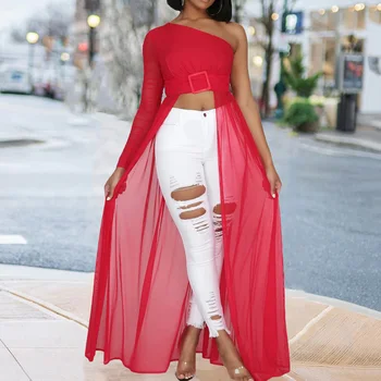 

Chiffion Women Blouse Tops 2020 Summer 2xl African Female One Shoulder Long Shirts Sexy High Street Lady Tops Blouse Shirts