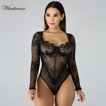 

whatiwear 2019 Neon Pink Lace Mesh Bodysuit Women Transparent hot sexy teddies 2019 jumpsuits women deep V sheer bodysuit