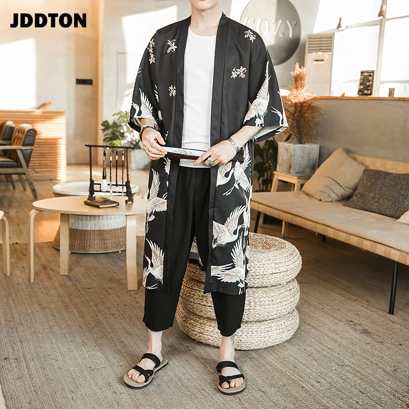 New JDDTON Men's Kimono Fashion Jackets Long Cardigan Traditional Japanese Yukata Outerwear Haori Coats