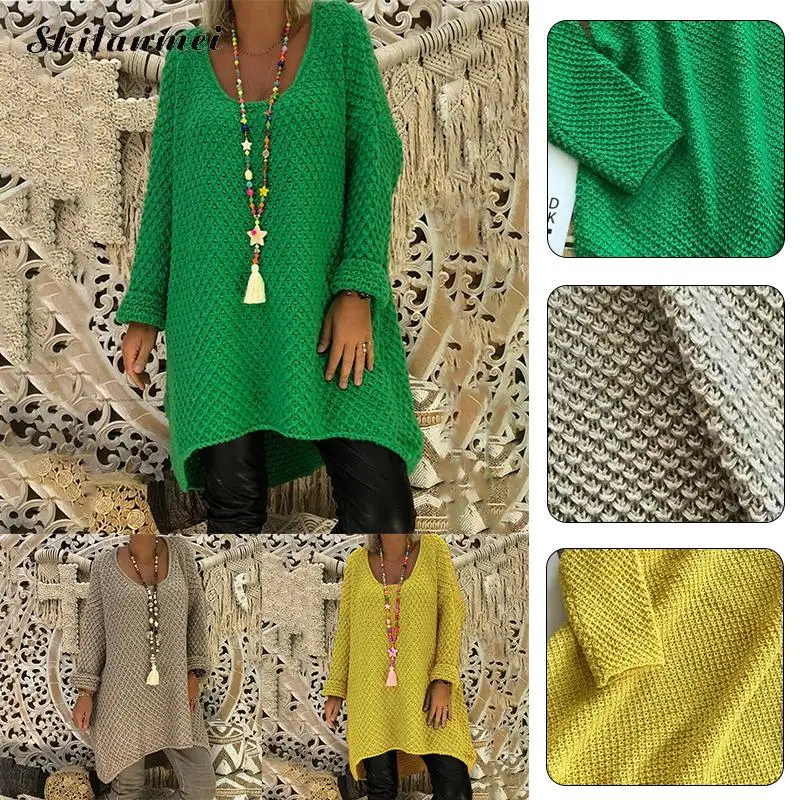 

Boho Pullovers Women 2019 Autumn Long Sleeve Sweater Solid Green Yellow Knitted Pullovers Casual Loose Sweater Jumper Female