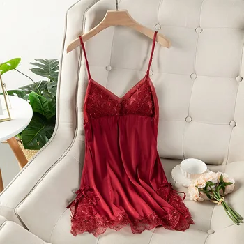 

Summer Sexy Nightgown Female Ice Silk Nightdress Silk Lace Sling Nightdress Halter Strap Chest Pad Women's Home Sexy Nightwear