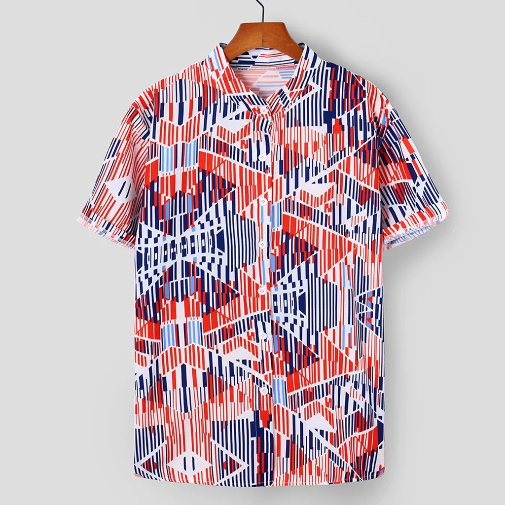 

Mens Ethnic Printed Stand Collar Colorful Stripe Short Sleeve Loose Shirt Collar Colorful Fashion henleyshirt loose shirt