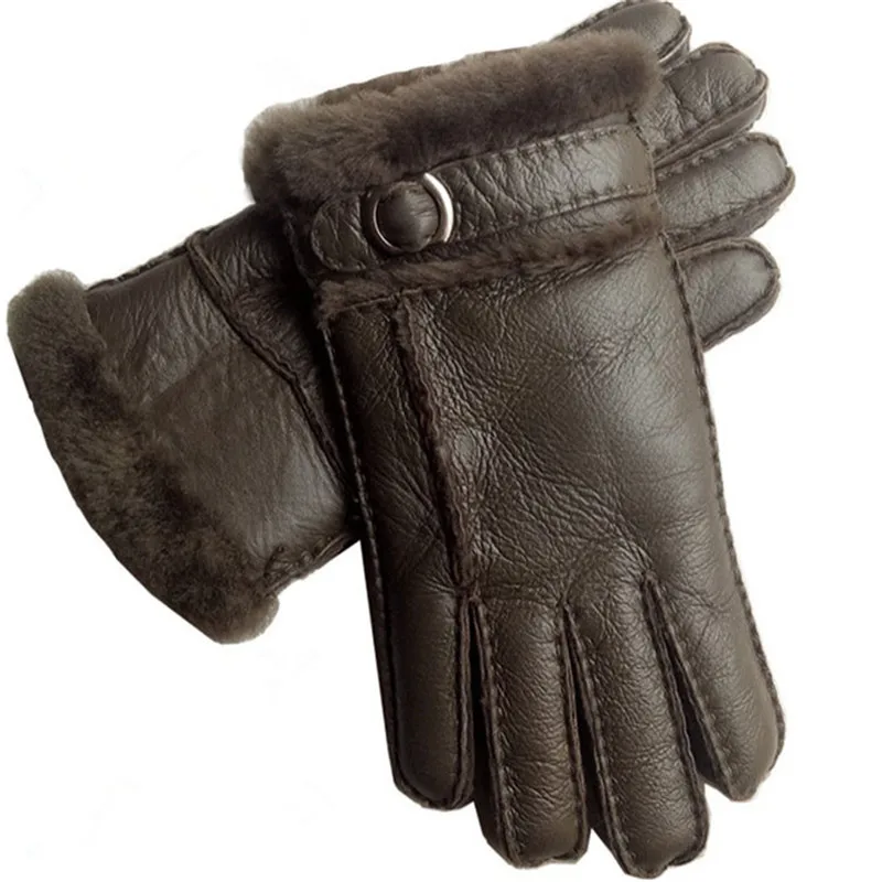Dark green Кожаные меховые перчатки из овчины модные мужские зимние осенние теплые шерстяные флисовые зимние варежки на открытом воздухе перчатки на запястье с пятью пальцами - Цвет: Dark green